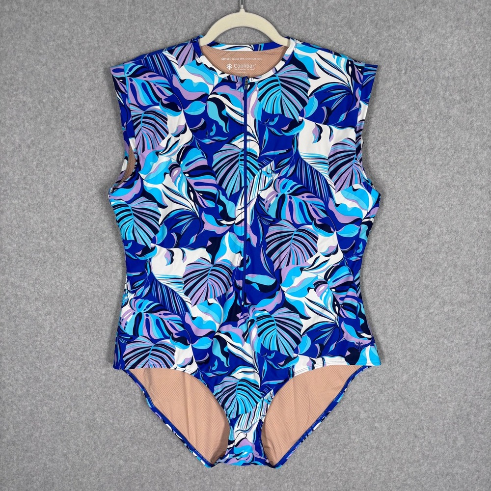 Coolibar Escalante Sleeveless One Piece Swimsuit XXL Zip Up Tropical Sun‎ UPF 50